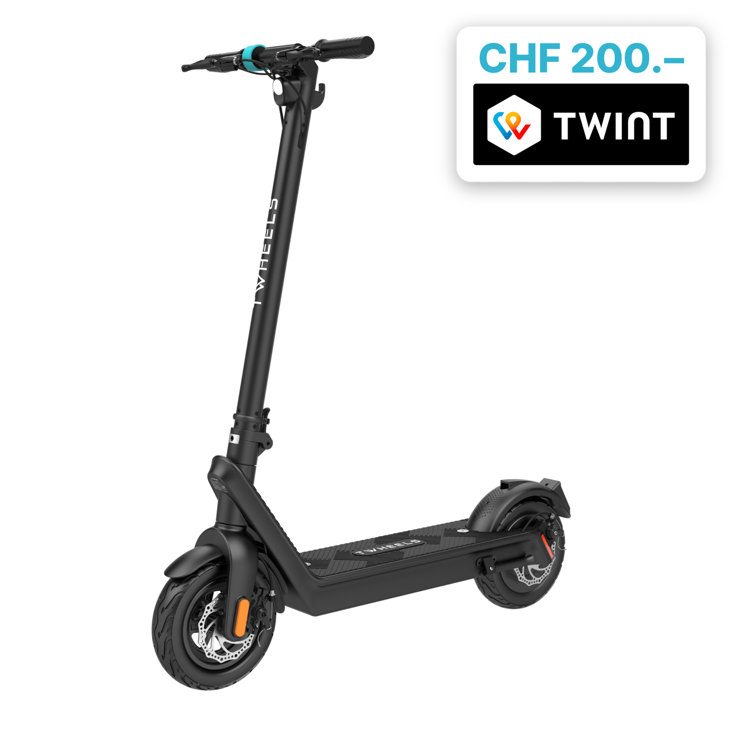 TWHEELS E-Scooter Pro in Schwarz, zusammenklappbar mit grossen Reifen und LED-Beleuchtung.