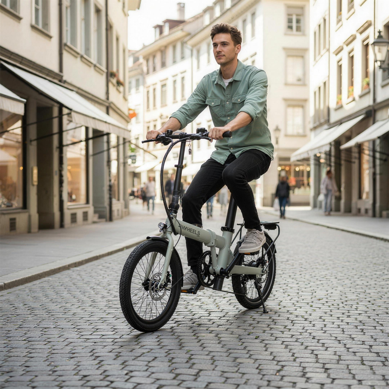 Person fährt das cremegrüne TWHEELS E-Bike City Faltrad durch die Zürcher Altstadt