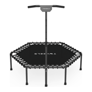 TWHEELS Fitness-Trampolin mit schwarzer Sprungfläche, T-Griff und Bungee-Federung auf weissem Hintergrund