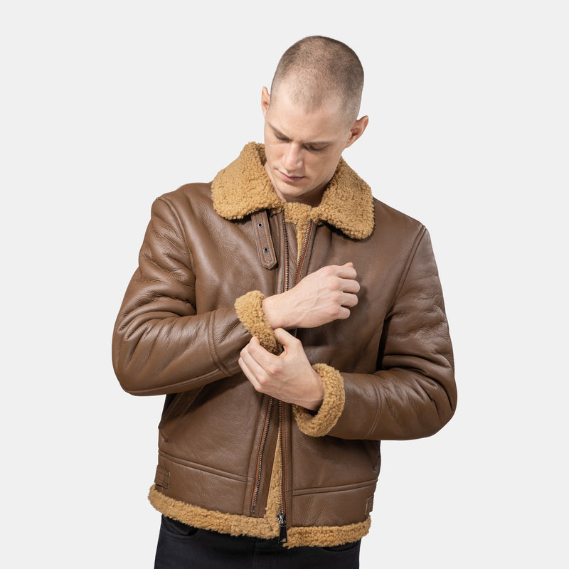 GÖTTIG Shearling-Lederjacke Camel, Ärmelbündchen aus Lammfell im Detail