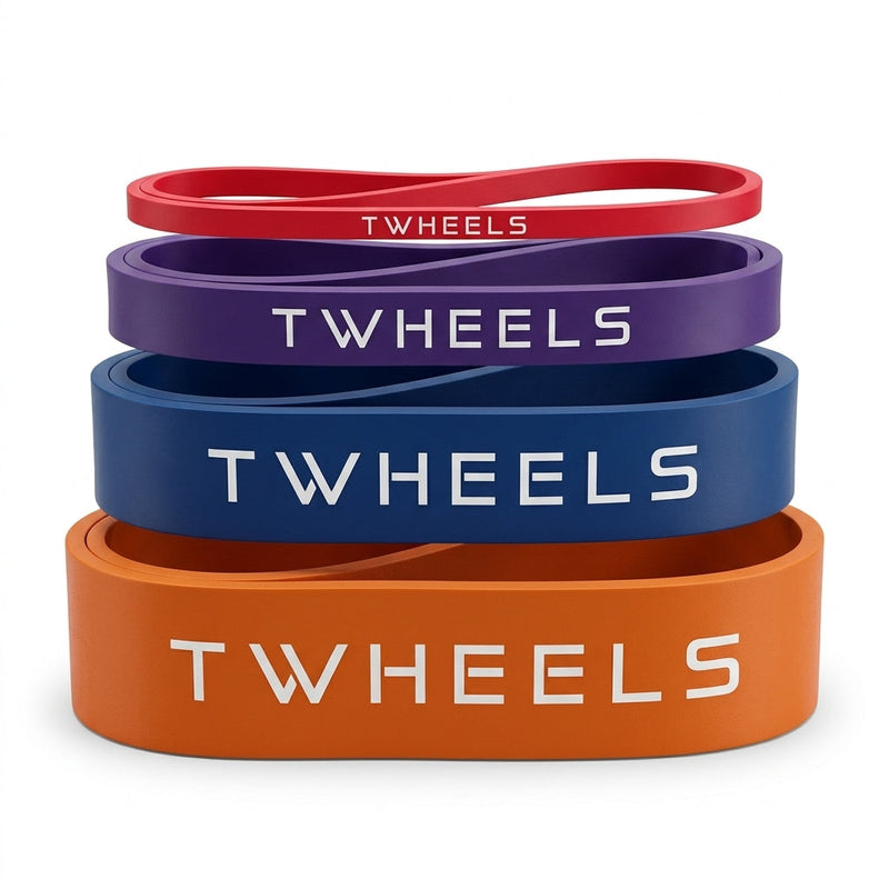 Vier TWHEELS Klimmzugbänder in Rot, Violett, Blau und Orange auf weissem Hintergrund.
