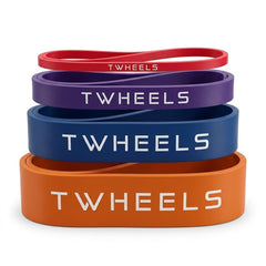 Vier TWHEELS Klimmzugbänder in Rot, Violett, Blau und Orange auf weissem Hintergrund.