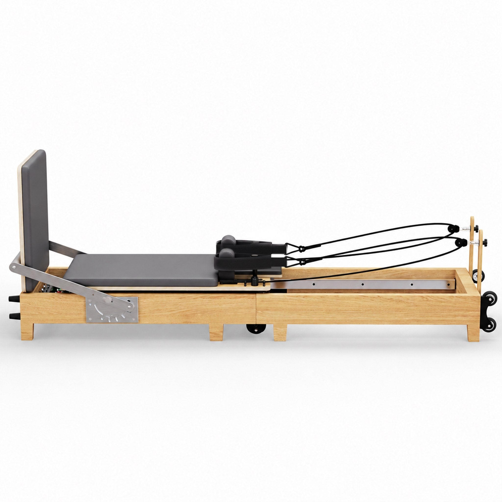 Faltbarer TWHEELS Pilates Reformer aus Ahornholz im Seitenprofil