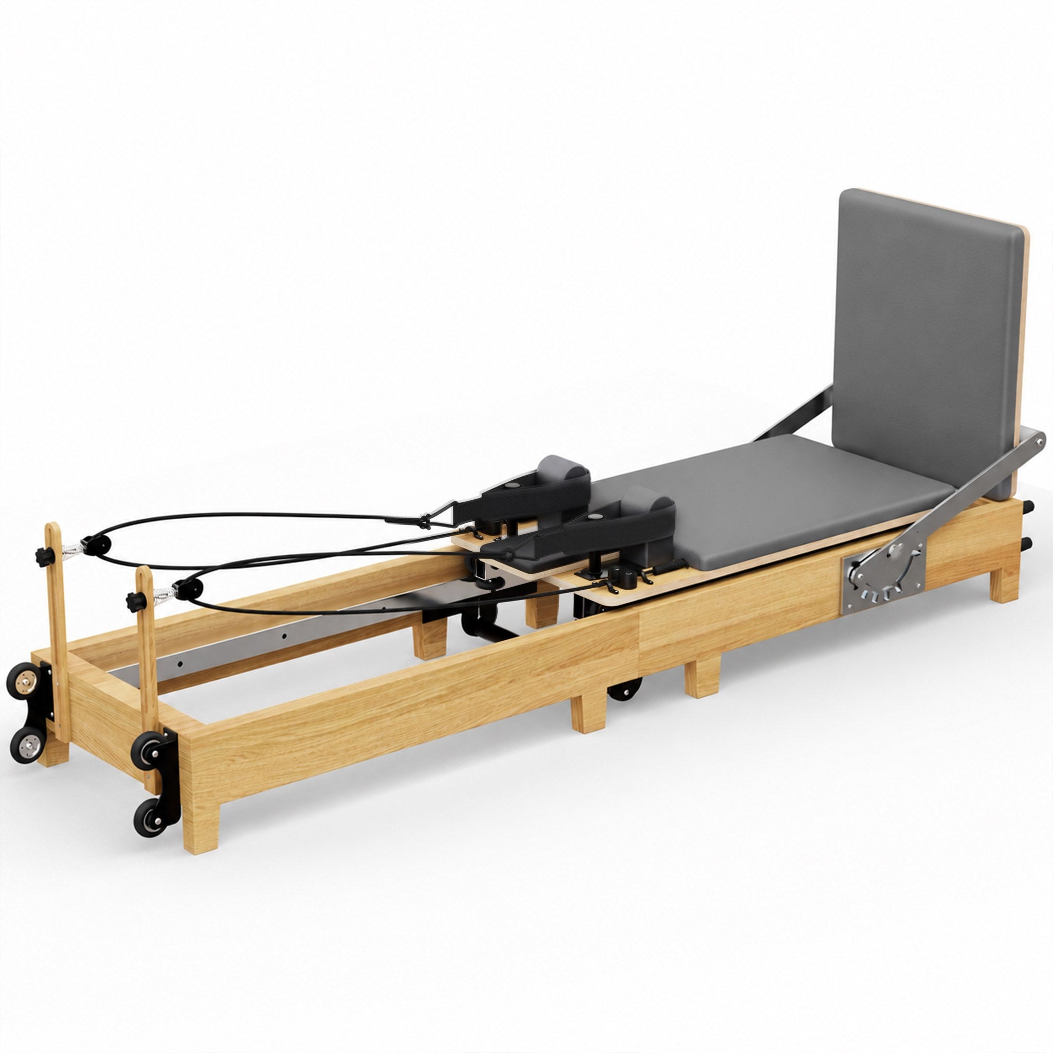 TWHEELS Pilates Reformer aus Ahornholz mit grauem Polster, faltbar fürs Home-Studio