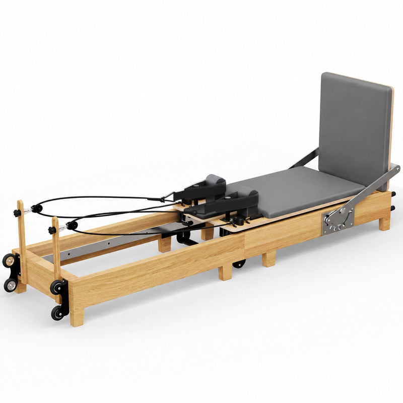 TWHEELS Pilates Reformer aus Ahornholz mit grauem Polster, faltbar fürs Home-Studio