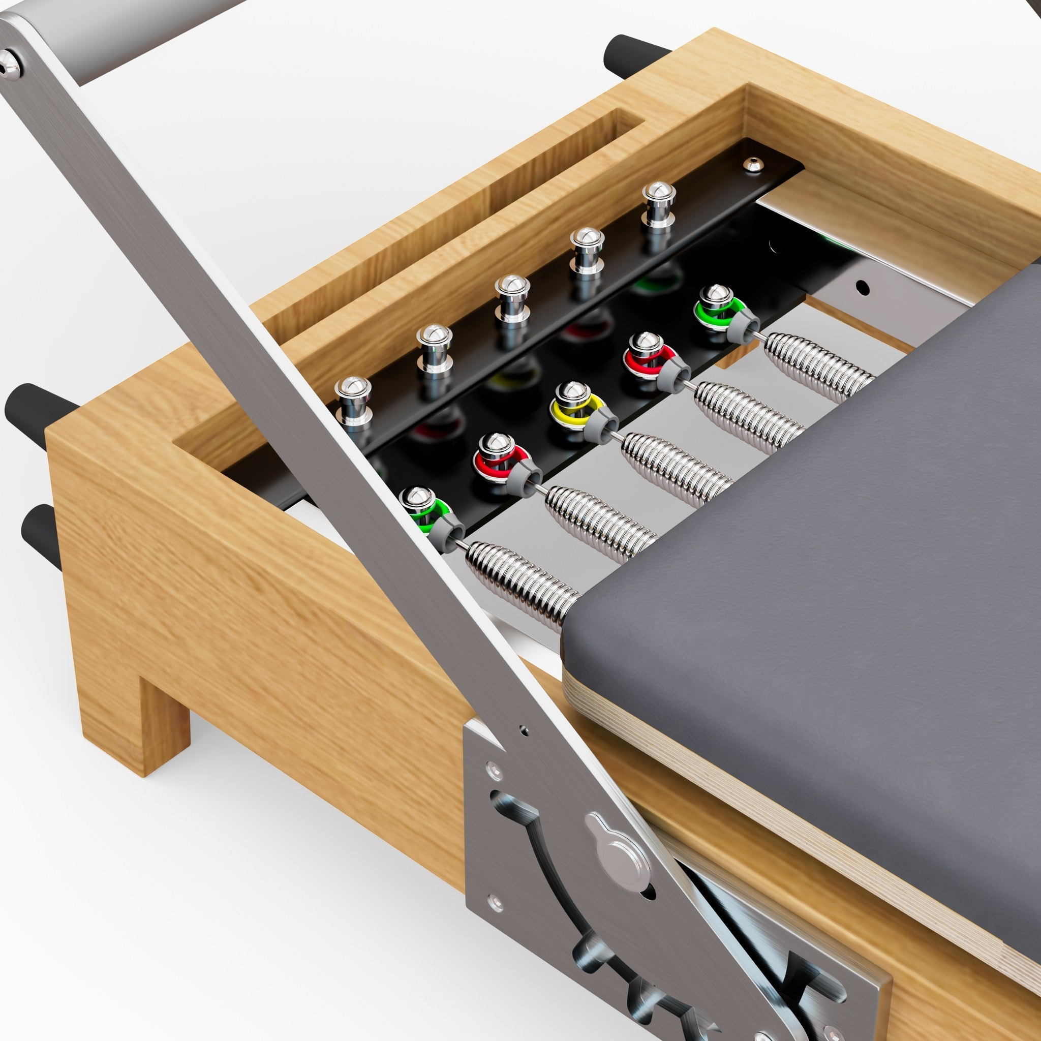 Federmechanismus und Widerstandssystem des TWHEELS Pilates Reformer aus Ahornholz