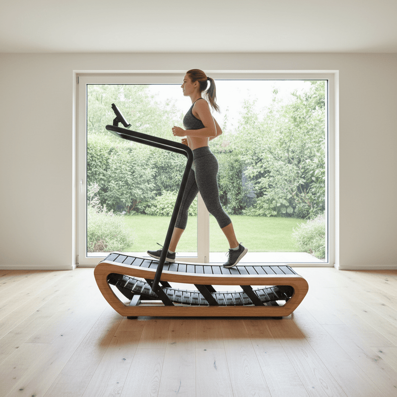 Sportlerin trainiert auf der TWHEELS Sprinting Machine aus Eichenholz im hellen Home-Gym