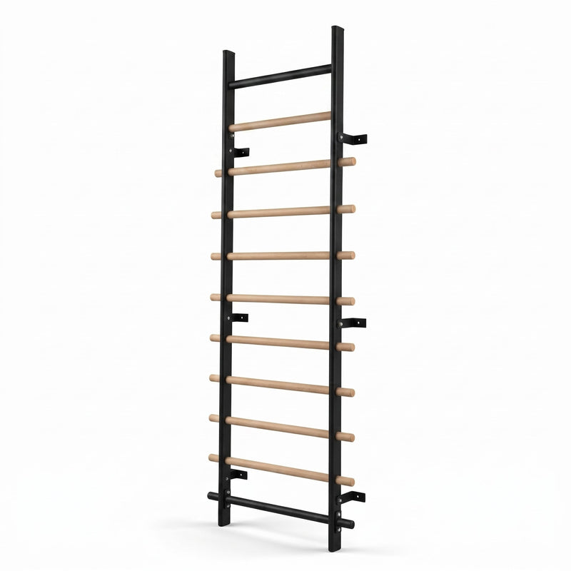 TWHEELS Sprossenwand aus schwarzem Stahl und Buchenholz in der Standard-Version ohne Pull-up- und Dip-Station auf weissem Hintergrund.