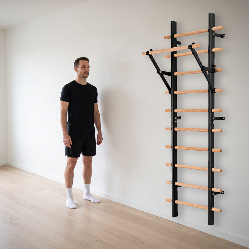 TWHEELS Sprossenwand mit Klimmzugstange an der Wand montiert neben einer stehenden Person