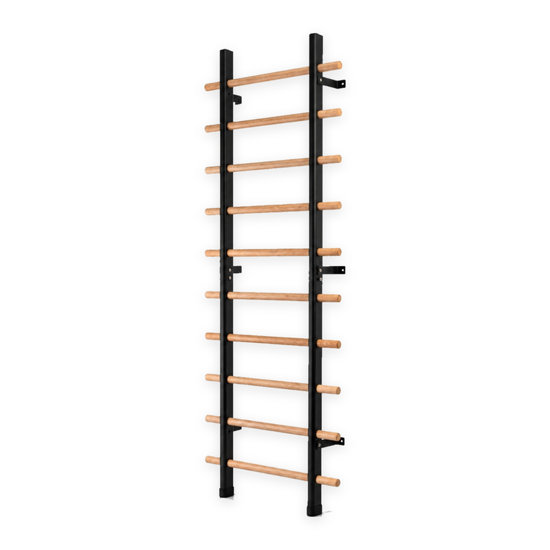 TWHEELS Sprossenwand Standard aus schwarzem Carbonstahl mit zehn Buchensprossen, freigestellt auf reinweissem Hintergrund.