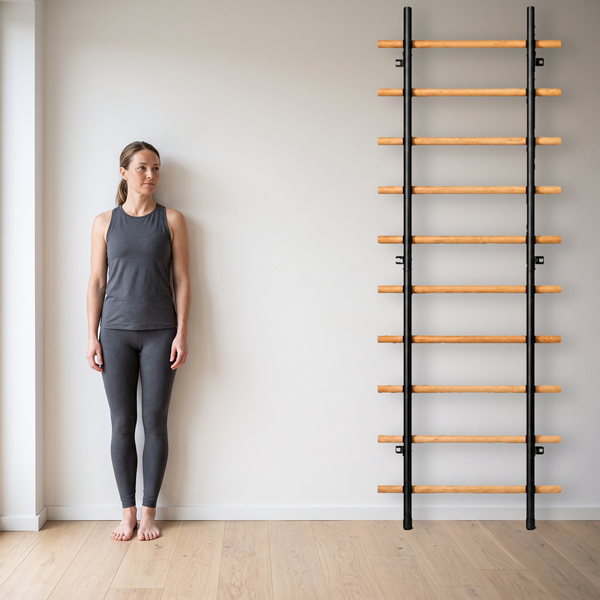 TWHEELS Sprossenwand an der Wand montiert mit sichtbarem Wandabstand und Bodenkontakt der Holme