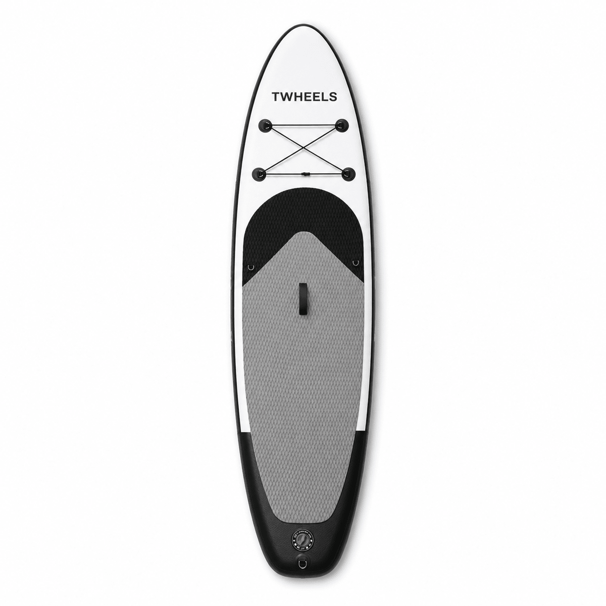 TWHEELS Stand-up-Paddleboard in Weiss, Schwarz und kühlem Silbergrau aus der Draufsicht.