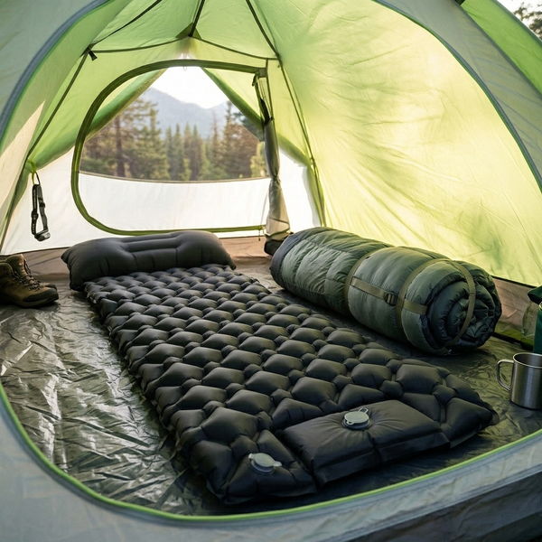 Aufgepumpte TWHEELS Campingmatte liegt im Zelt