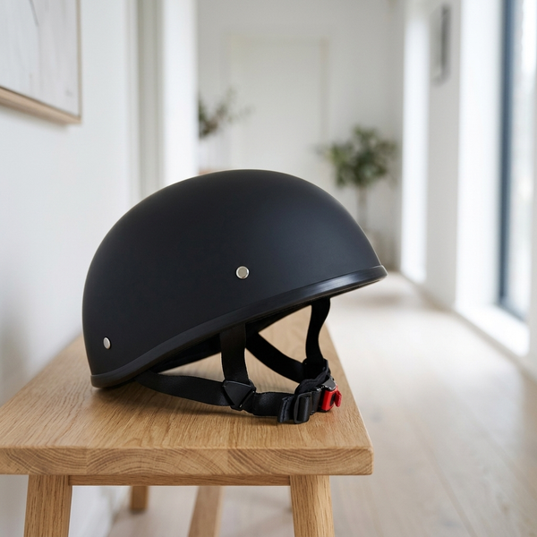 Chopper Helm liegt auf einer Holzbank im Flur