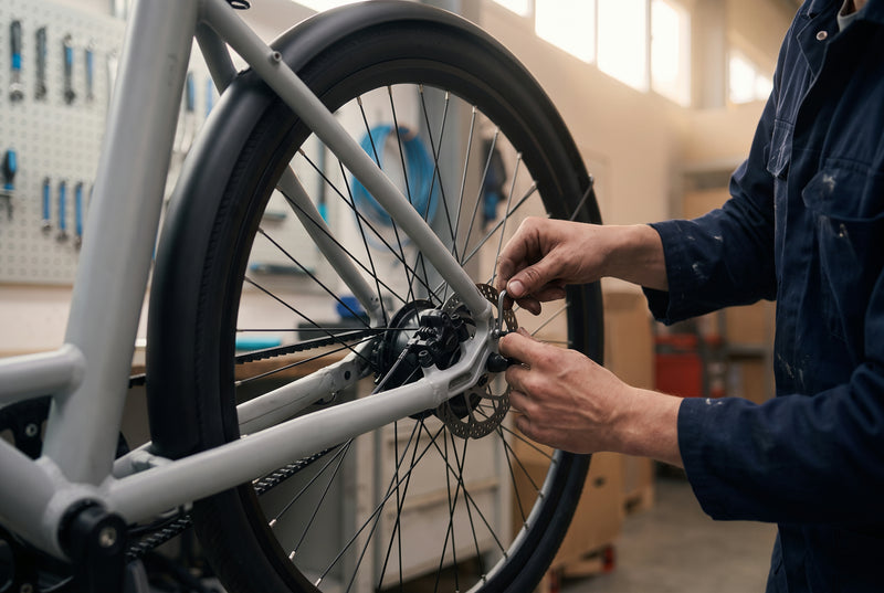 Mechaniker stellt die Scheibenbremse eines TWHEELS E-Bike City Classic ein