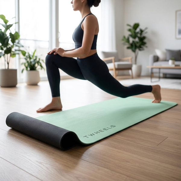 Frau trainiert im Ausfallschritt auf der mintgrünen TWHEELS Yogamatte