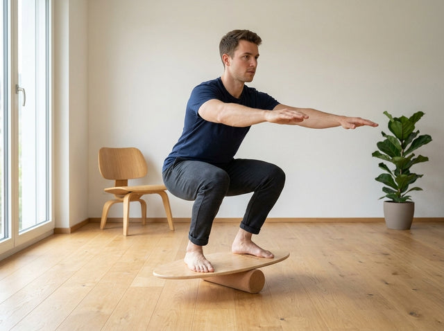 Kniebeugen auf dem Board auf dem Balance Board