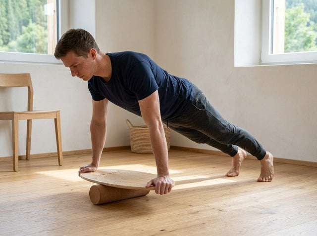 Plank mit Händen auf dem Board auf dem Balance Board
