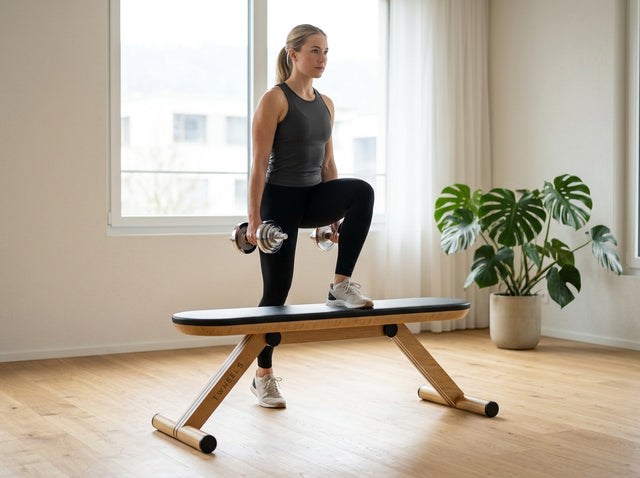 Aufsteiger auf die Bank (Step-up) auf dem Hantelbank aus Eichenholz – TWHEELS