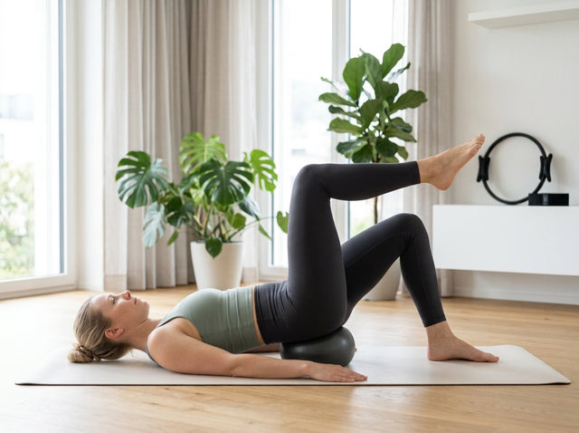 Toe Taps mit Ball unter dem Kreuzbein auf dem Pilates Essential Komplett-Set
