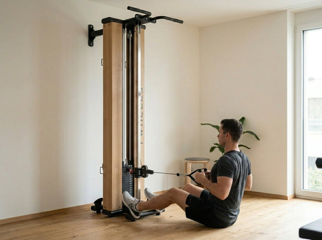 Rudern sitzend am Kabel (Seated Row) auf dem Fitness Seilzugturm aus Eichenholz – TWHEELS