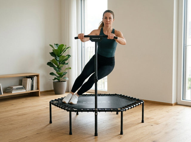 Twist (Rumpfrotation) auf dem Fitness-Trampolin – höhenverstellbar mit T-Griff & Bungee-Federung