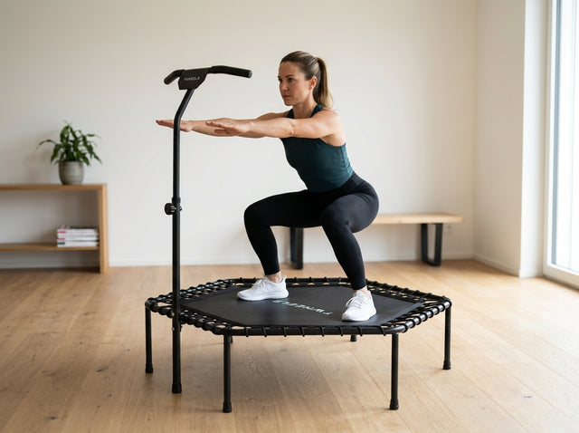 Squat-Bounce (Trampolin-Kniebeuge) auf dem Fitness-Trampolin – höhenverstellbar mit T-Griff & Bungee-Federung