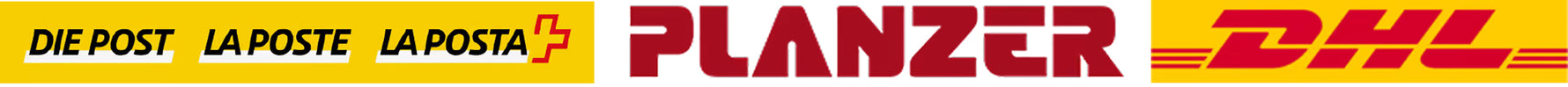 Logos von Die Post, Planzer und DHL auf gelbem und rotem Hintergrund.